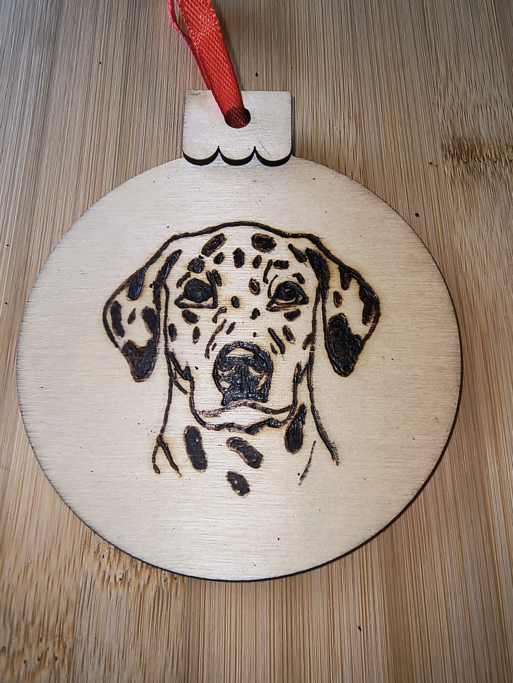 Hand Crafted Dalmatian Ornament - Natural Wood with Black and Red Accent
